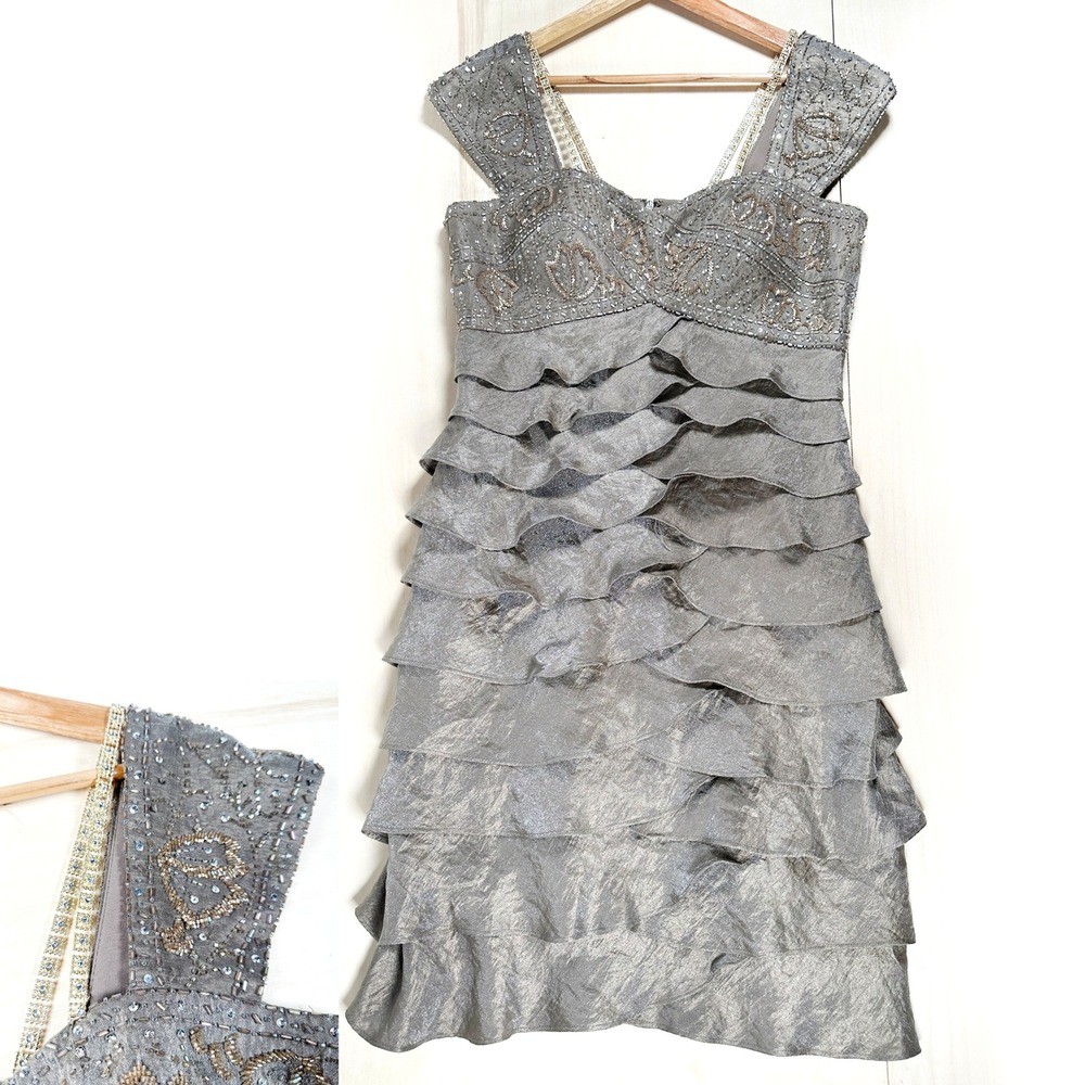 Camille La Vie Shimmer Dress 12 Beading Bandage Tiered Formal Beaded Straps Gold